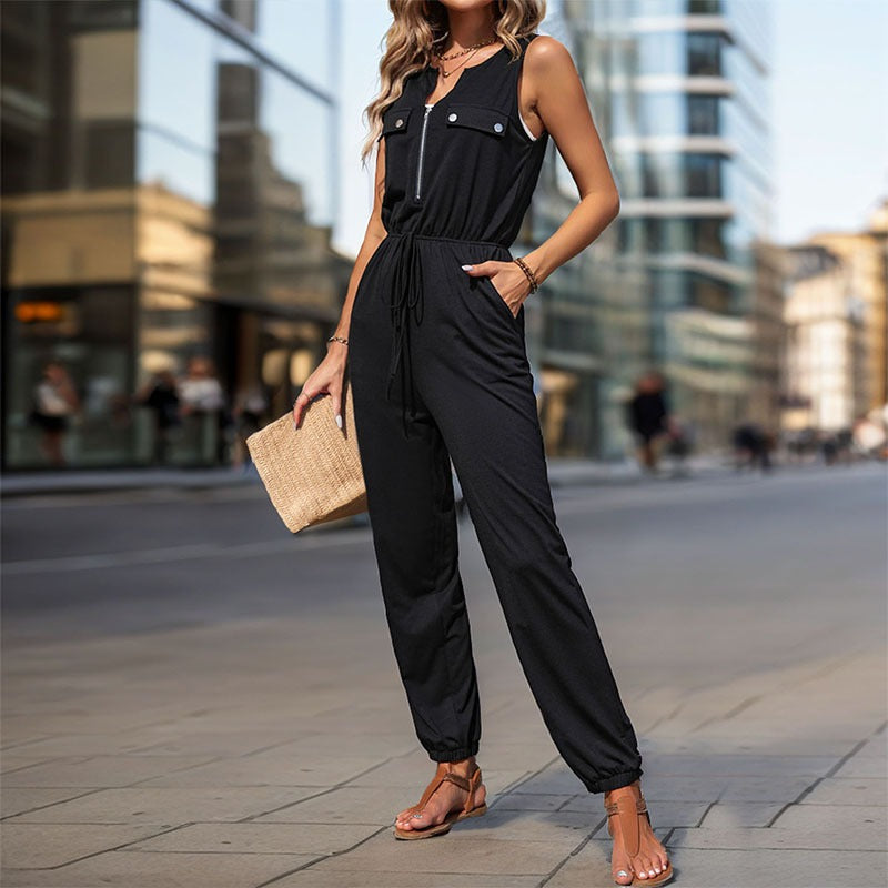 New European and American summer women's black sleeveless long cross-border jumpsuit