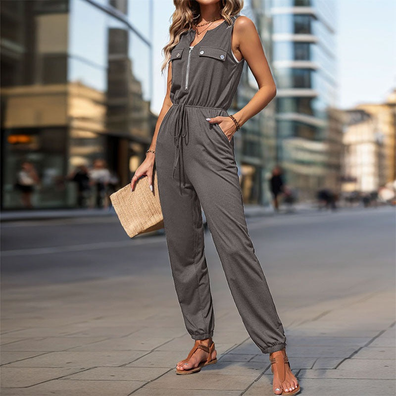 New European and American summer women's black sleeveless long cross-border jumpsuit