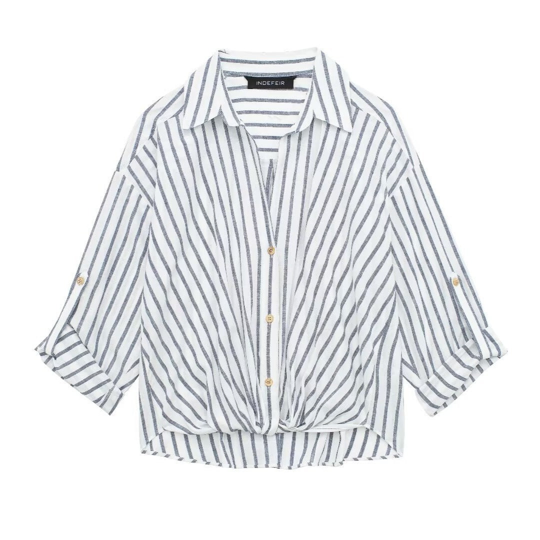 Linen blend striped loose casual shirt top for women