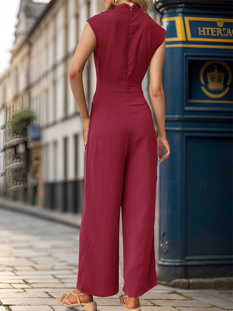 New European and American summer women's sleeveless solid color swing collar jumpsuit