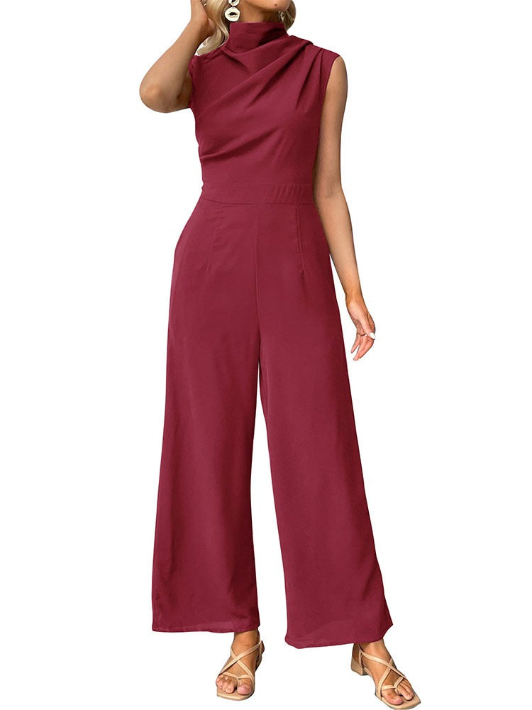 New European and American summer women's sleeveless solid color swing collar jumpsuit