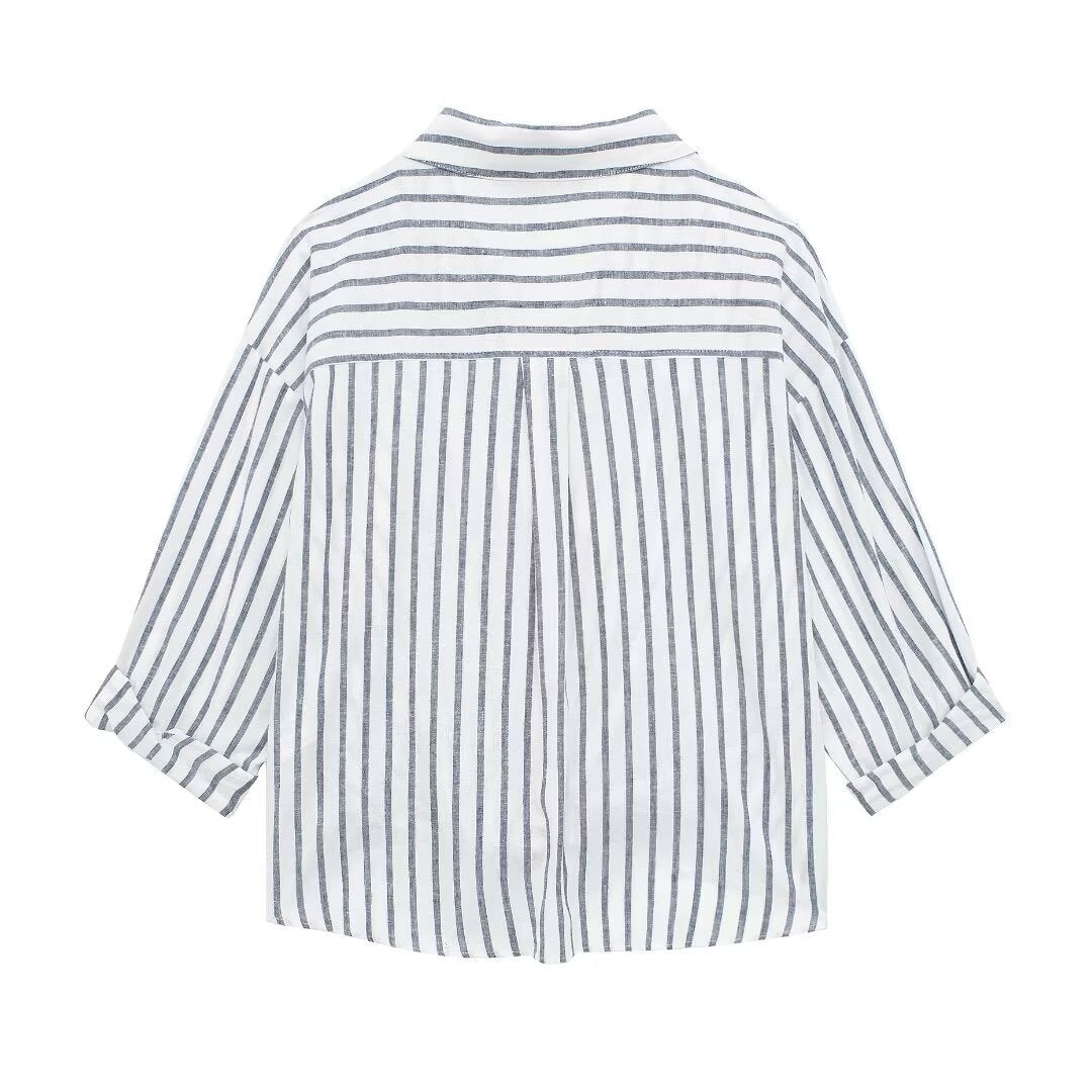 Linen blend striped loose casual shirt top for women