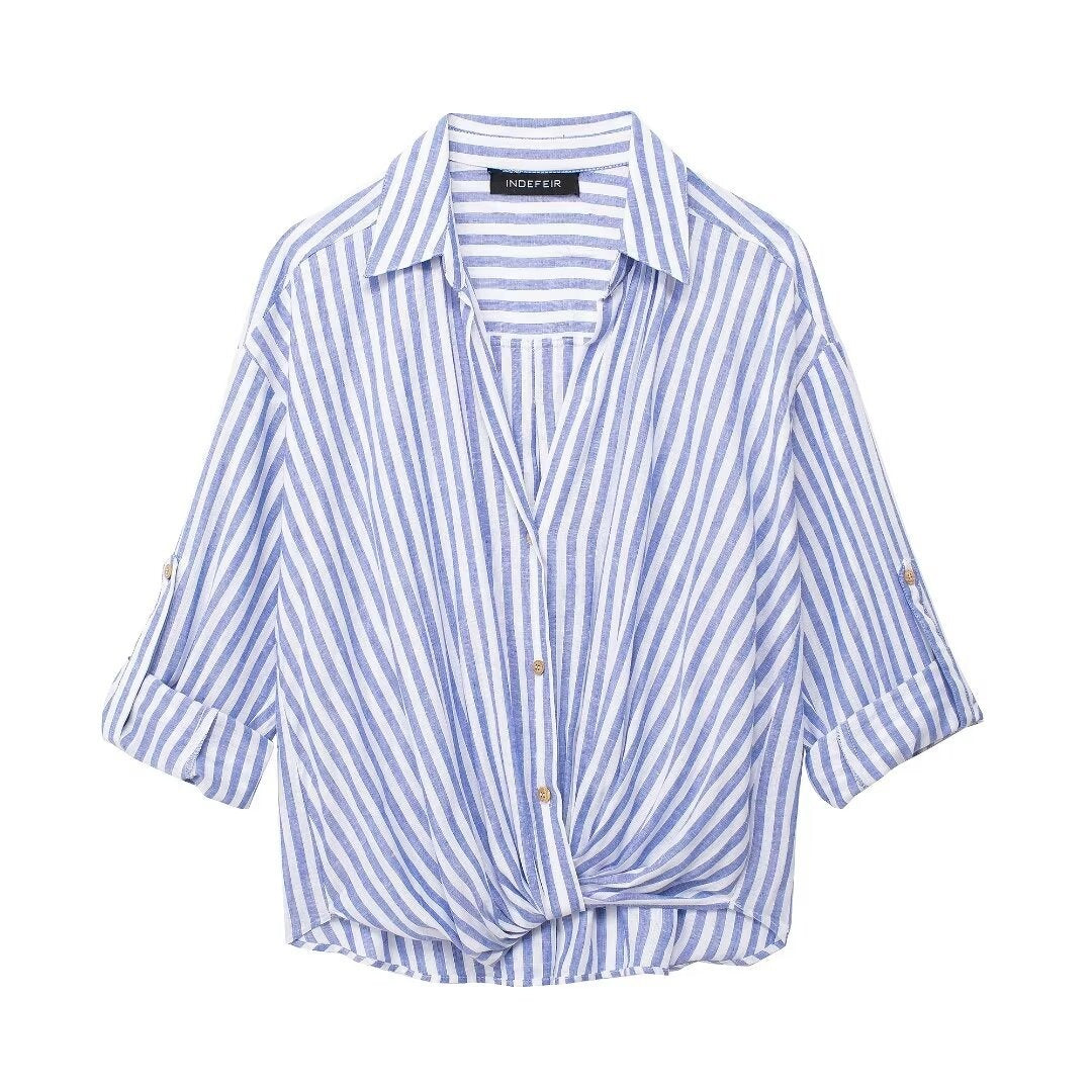 Linen blend striped loose casual shirt top for women