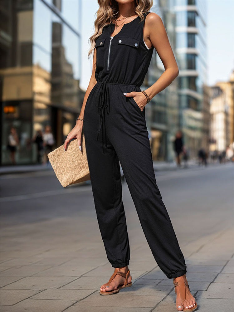 New European and American summer women's black sleeveless long cross-border jumpsuit